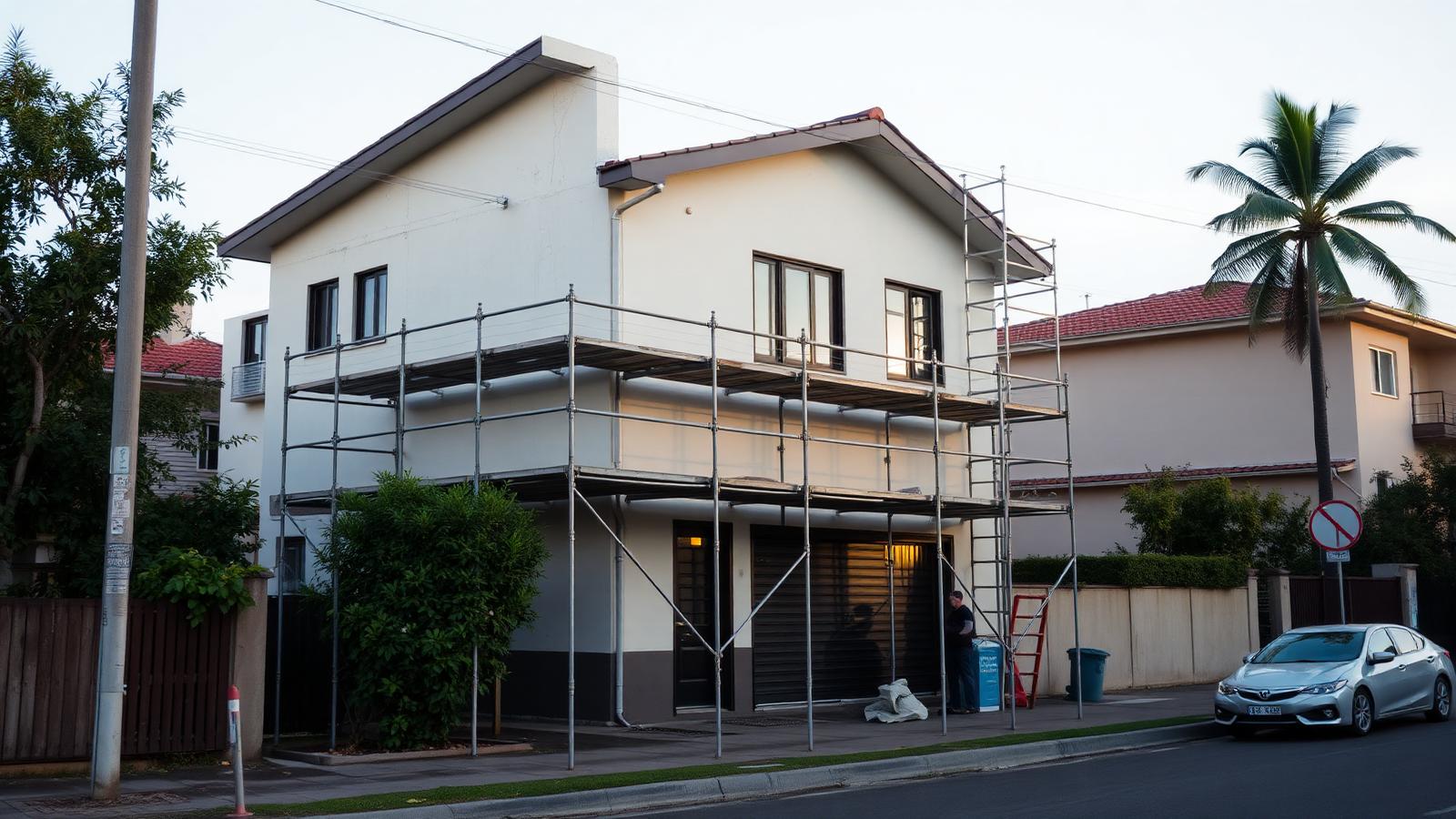Fachada residencial em fase de acabamento com andaimes
